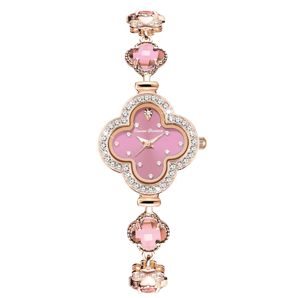 CAVEN DENTON Women's Clover Bracelet Quartz Watch Fashion Ladies Wristwatch Elegant Flower Dial Luminous Casual Jewelry Watch