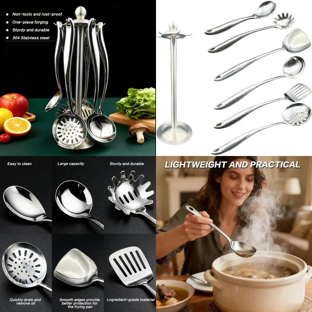 

7-Piece Stainless Steel Kitchen Utensil Set with Rotating Stand, 15 Metal Tools: Spatula, Ladle, Skimmer, Turner, Pasta Fork, La