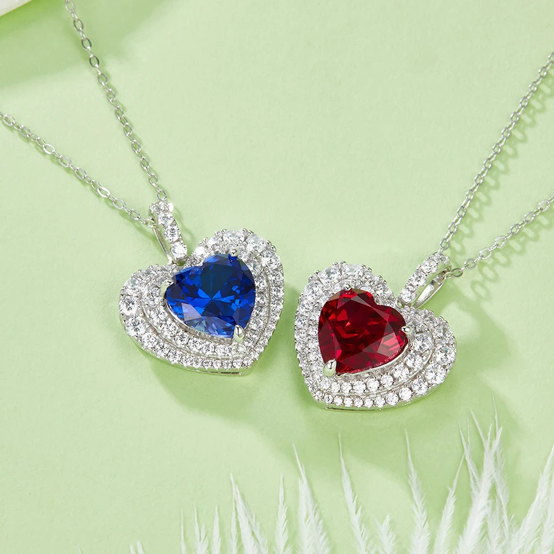 

RAPRGOLD 925 Sterling Silver Necklace for Women Lab Gemstone Sapphire Ruby Heart Pendant Chain Wedding Neck Luxury Jewelry Gift