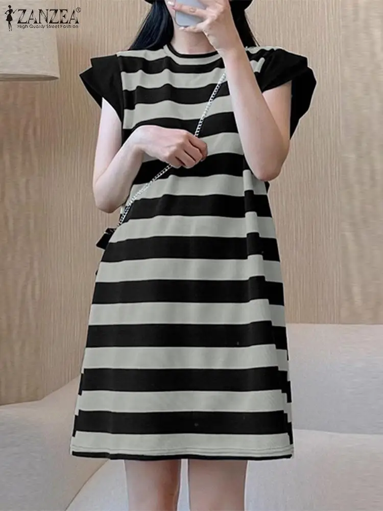 

ZANZEA Casual Women Stripes Dress Fashion Cap Short Sleeve Knee Vestidos 2024 Summer Korean Short Robe Holiday Loose Daily Dress