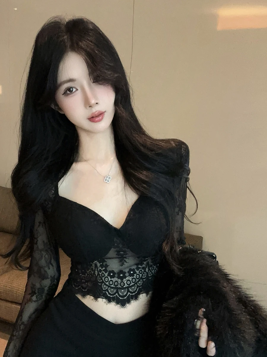 

Sexy Pure Desire Lady Sle Long Sve Low Chest V-ne Lace irt Slimming ort Crop Top Belly Baring Base Layer Top
