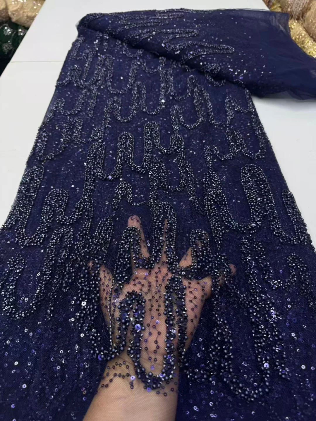 

Popular Hot Sale African Sequins Beaded Lace Fabric High Quality Nigerian Wedding Embroidery French Sewing For Women Dress