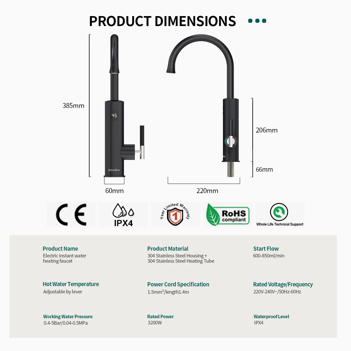 Briwellna New Instant Hot Water Heating Faucet With Universal Nozzle 220V Electric Faucet Hot and Cold Dual Use Hot Water Tap