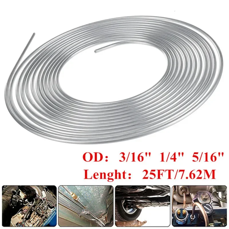 

25ft 7.62m Brake Pipe Hose Tube Coil OD 3/16" 5/16" 1/4" Brake Pipe Hose Line Silver Plated Zinc Universal For Car Motorcycle