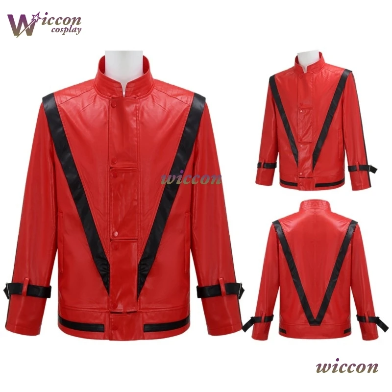 

Concert Party Performance Coat Classic Michaels Outfits Jacksons Cosplay Thriller Red pu Jacket Halloween Dancing Costume Unisex
