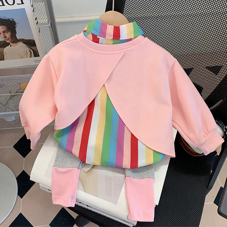 Spring Autumn 2025 Children Girls 2PCS Clothes Set Colorful Collar Kid Girls Shirt Spliced Cotton Baby Girls Leggings Sweet Suit