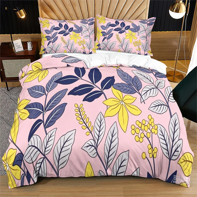 2/3Pcs Polyester Duvet Cover Set,Ultra-Soft,Breathable,Skin-Friendly,Durable,Green Tropical Leaves and Ferns on Cream Background