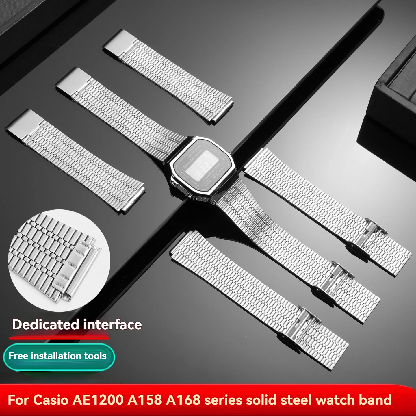 Small Waist Steel Strap Stepless Adjustment Narrow Body Design Watchband for Casio AE1200 AE-1200 AE1300 A158 A168 AQ-150W F-108