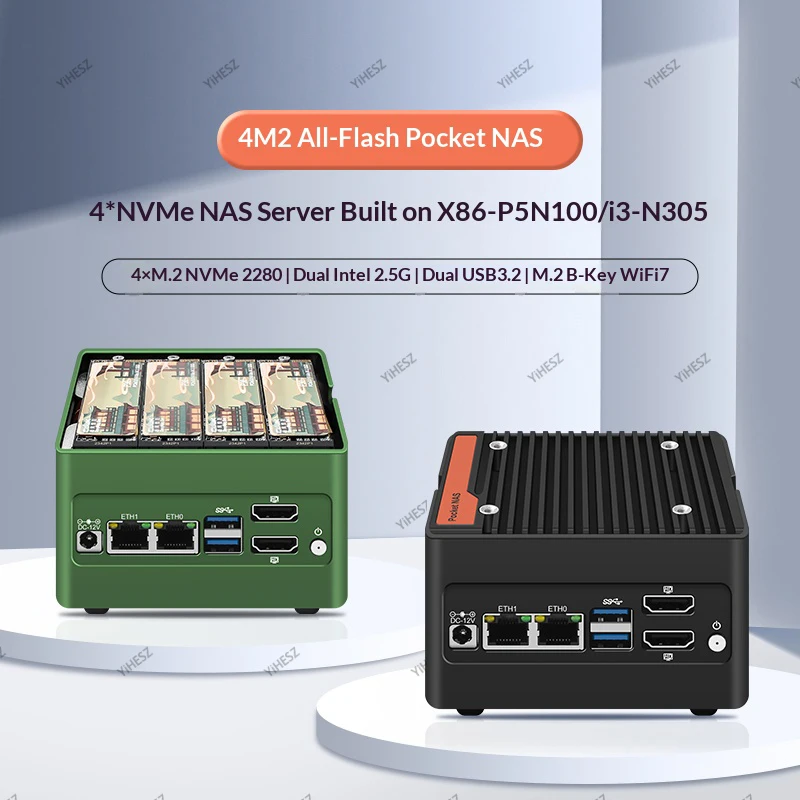 CW 6-Bay NAS Mini PC N150 4xNVMe 2xSATA3.0 Firewall Box Computer 2x2.5G LANs 2xHDMI2.0 Homelab Server p6