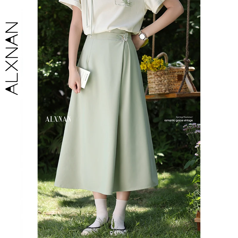 

ALXNAN Women's Long Skirt Elegant Light Green Fashion A-line Skirts 2025 Summer Casual Holiday Loose-fit Female Clothes L55920