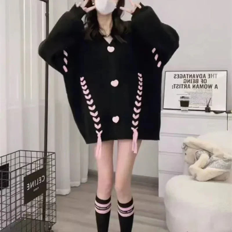 

Japan Korean Cute Love Knit Cardigan Sweater Woman Autumn Winter Fashion Loose Solid Hoodies Overcoat Jacket Tops Y2k Streetwear