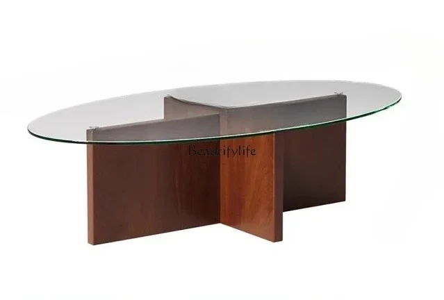 

LD6Simple medieval style solid wood glass coffee table living room light luxury high sense minimalist cream style oval
