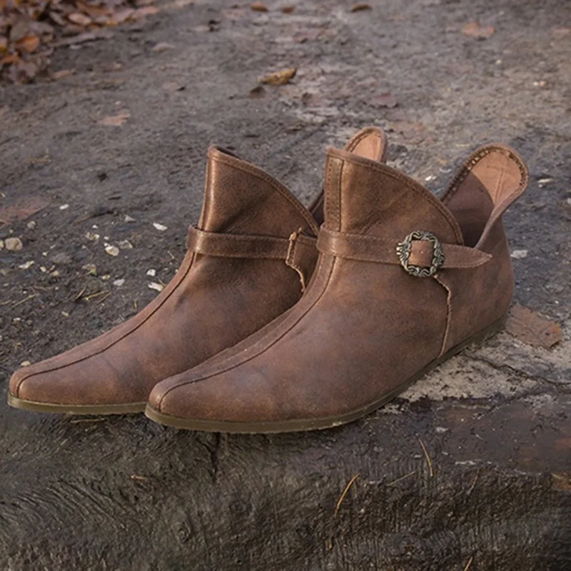 Vintage Braune Schnallen-Lederstiefel, Kurze Flache Stiefel, Unisex, Renaissance Mittelalterliche Ritter-, Prinzen-, Piraten-Schuhe, Gothic Cosplay Schuhe – Detail 6
