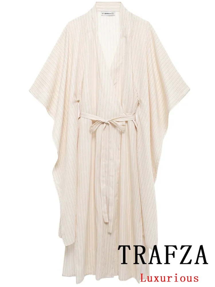 TRAFZA Vintage Chic Women Dress Striped Loose V-Neck Sashes Lace-up Long Kimono Dress New Fashion 2024 Autumn Loose Dress