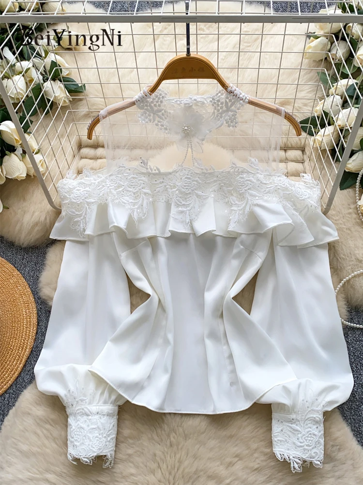 

Beiyingni 2025 New Fashion Women's Blouses Ruffles Sexy Off Shoulder Long Sleeve Blusas French Chic Fall Slim Waist Satin Shirts