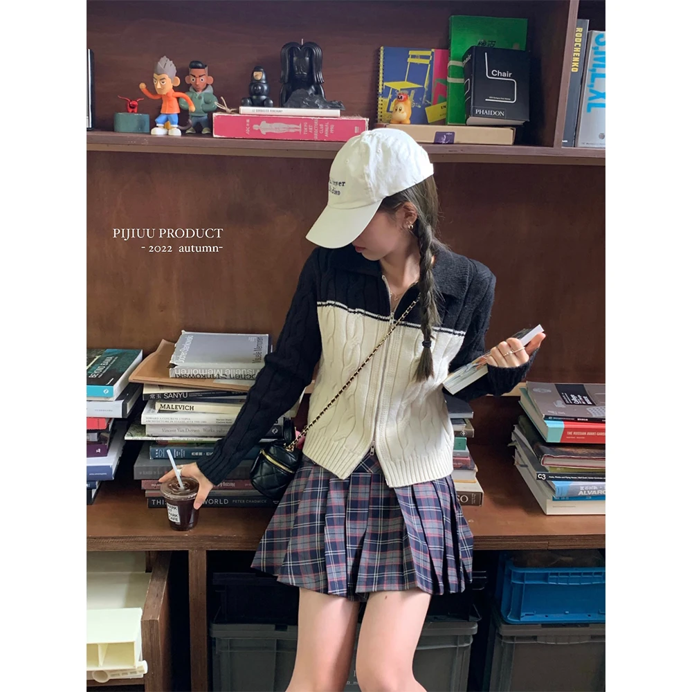 

PiJiUu Plaid Pleated Skirt Korean Sle Commute Middle Waist Design ort Skirt A-Line Silhouette Other Material 00%