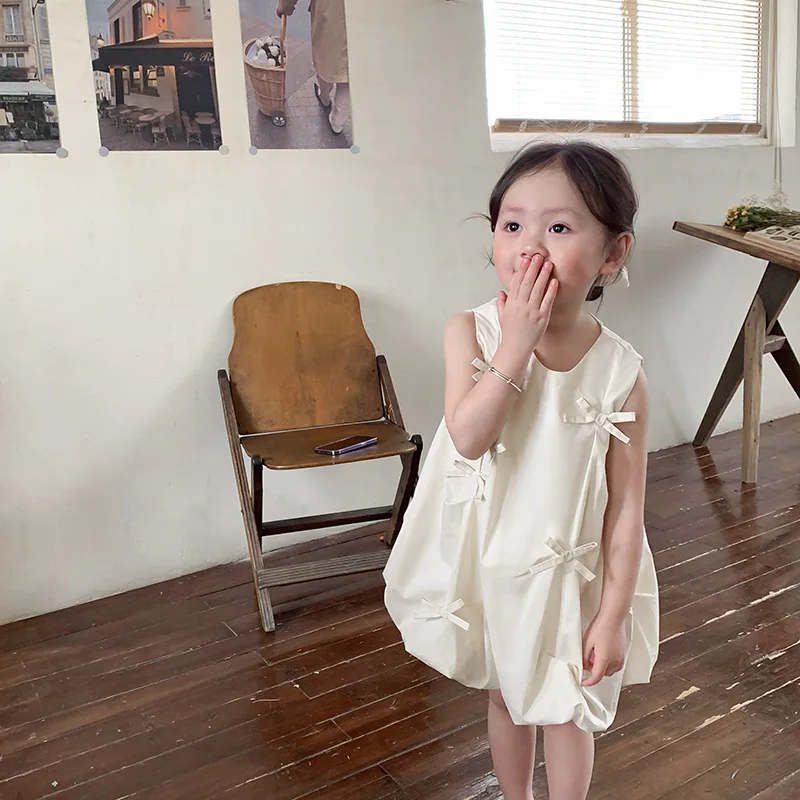 Light Luxury Dress 2023 Summer New Cotton Solid Button Back A-line Puffy Dress Children\'s Korean Sweet Bow Princess Dresses