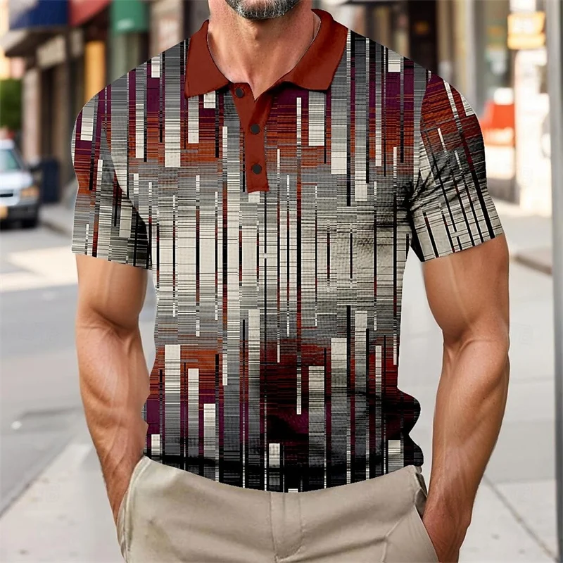 3D Printing Colorful Striped Polo Shirt Men's Texture Color Block Pattern Short Sleeve Summer Lapel Button Top