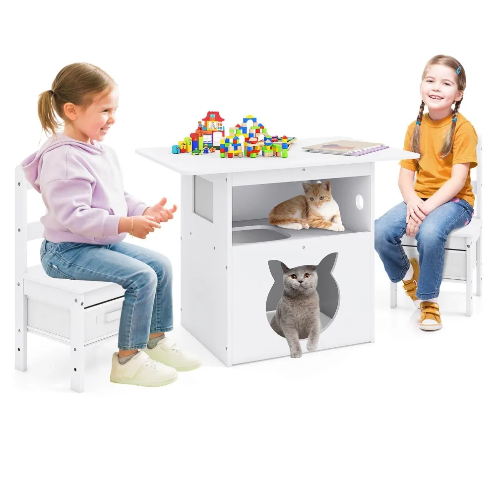 

3 PCS Kids Table and Chairs Set Furniture w/Cat House Hole & Window 2 Chairs