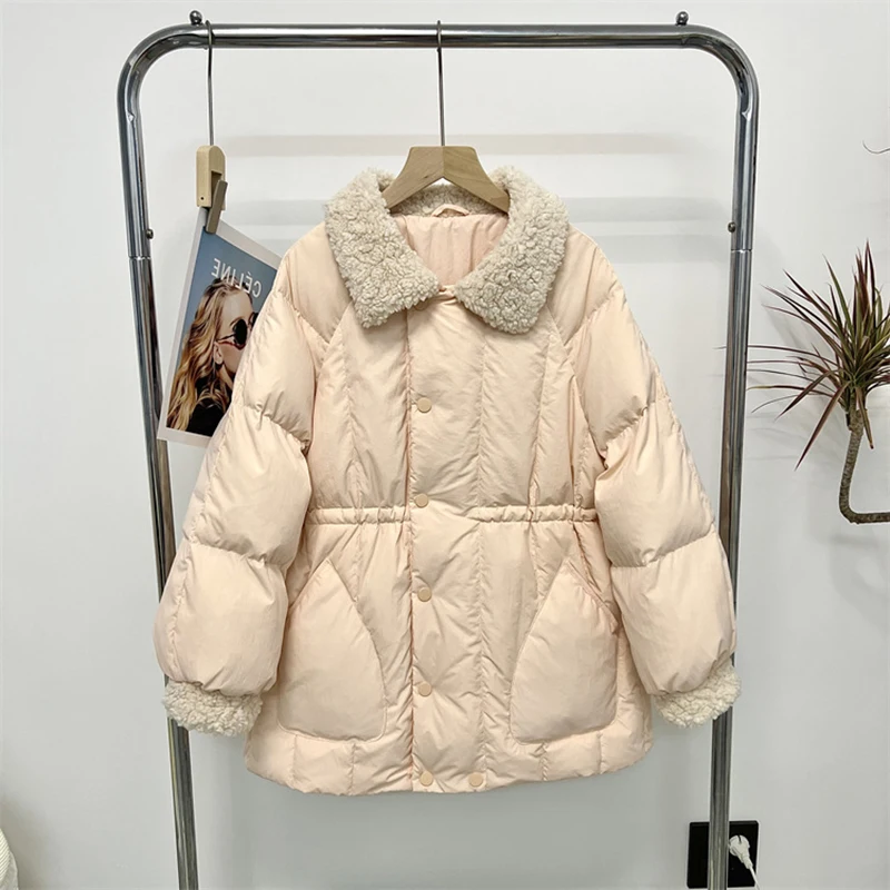 

Winter Mid-length Down Coat Women's Fashion Lamb Collar Spliced Slim White Duck Down Coat 2023 New Thicked Warm Jackets