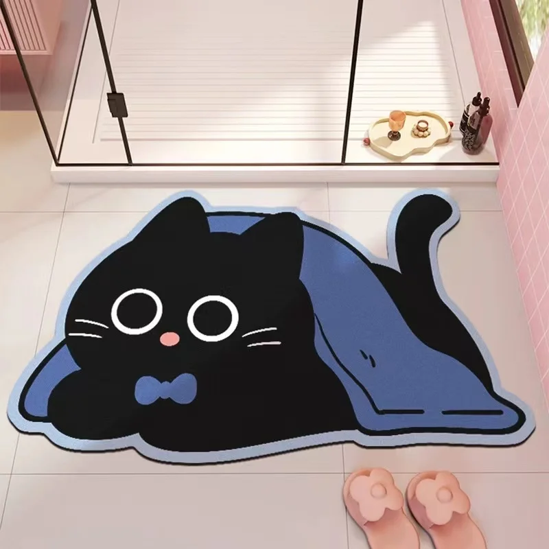 Cute Cat Bathroom Door Mat Irregular Black Cat Shower Room Foot Mat Absorbent Quick-drying PVC Carpet Non-slip Entrance Door Rug