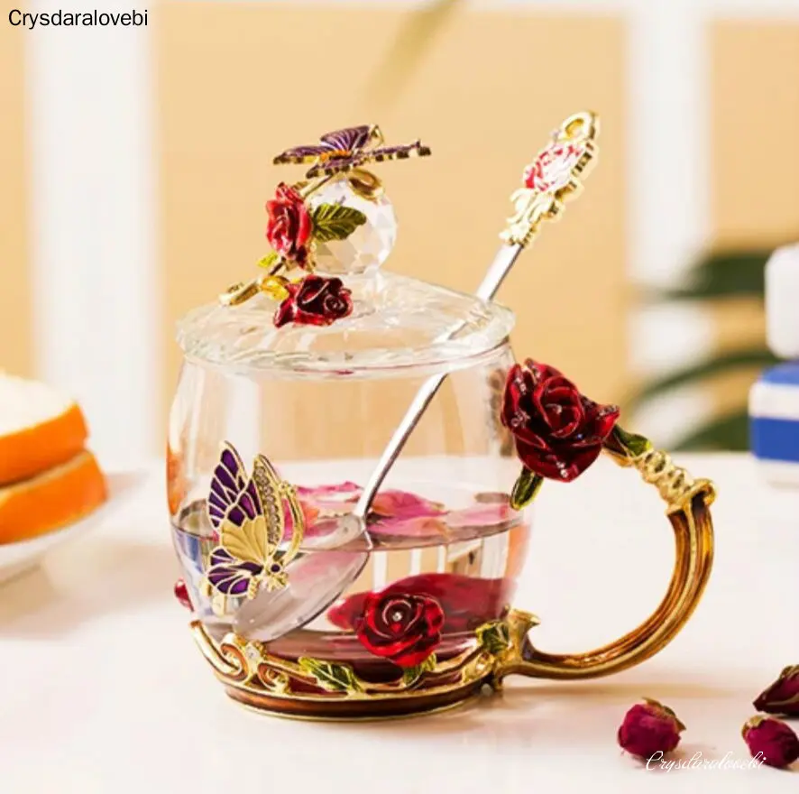 Red Rose Enamel Glass Coffee Mugs Tea Cups and Mugs Handmade Heat Resistant Glasses Water Cup Drinkware Lover Gift Wedding Cup