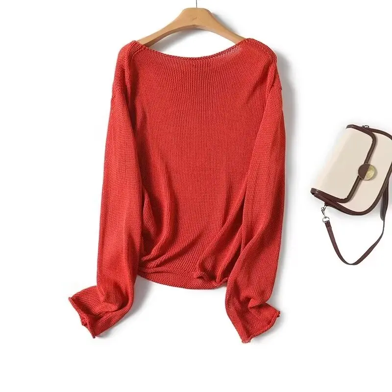 Maxdutti New Arrivals Red Color Autumn Knitwear Minimalist Sweater Women French Lazy Style Loose Tops
