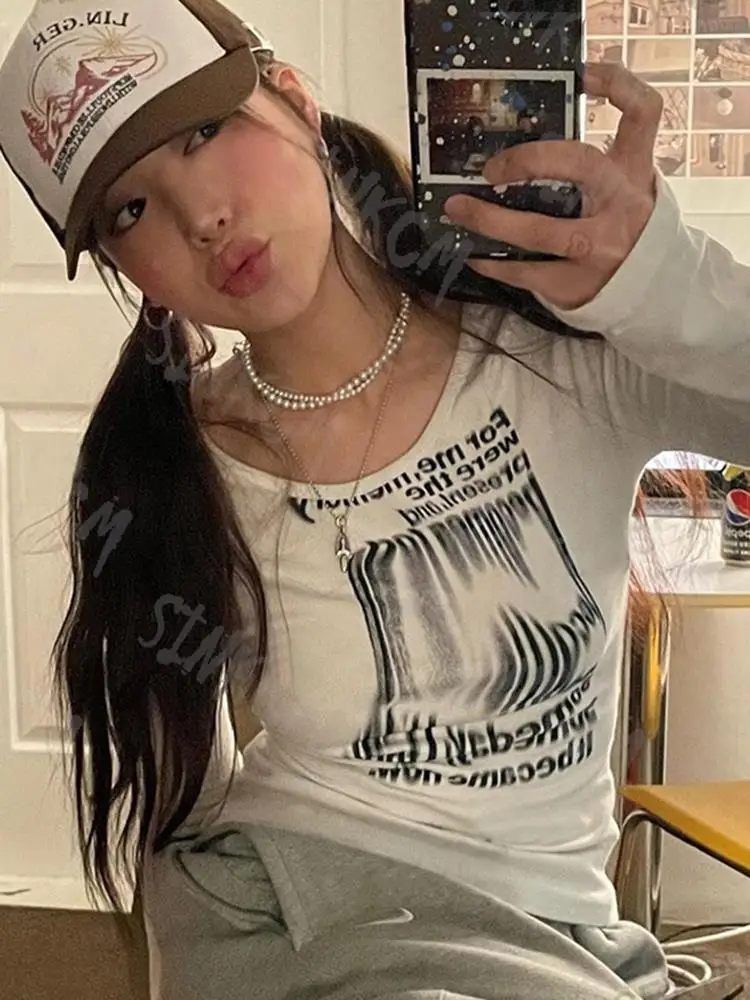Y2k Clothes Aesthetic Spring And Autumn White Letter Printing Long-Sleeve Bottoming Female Kawaii Woman clothes Korean Style