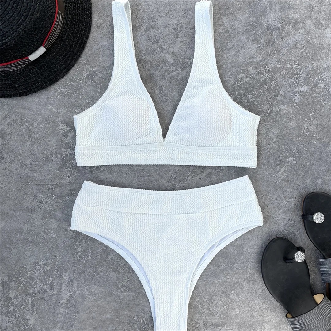 Gefalteter, geraffter Damen-Badeanzug mit V-Ausschnitt, hochtaillierter Bikini, zweiteiliges Bikini-Set, Badebekleidung, Badeanzug, Modell V3590. – Detail 26