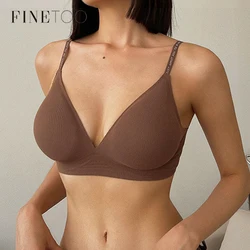 FINETOO Women Wireless Bra Deep V Padded Bralette S-XL Trendy Stripe Knitting Bras Sexy Ladies Brassiere Solid Underwear 6 Color