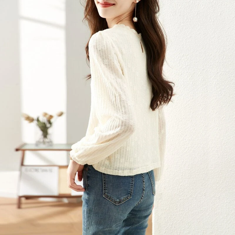 Spring Autumn Fashion Simple Lace Patchwork Slim Solid Basic T Shirt Women Casual O Neck Long Sleeve Pullover Top Female Clothes