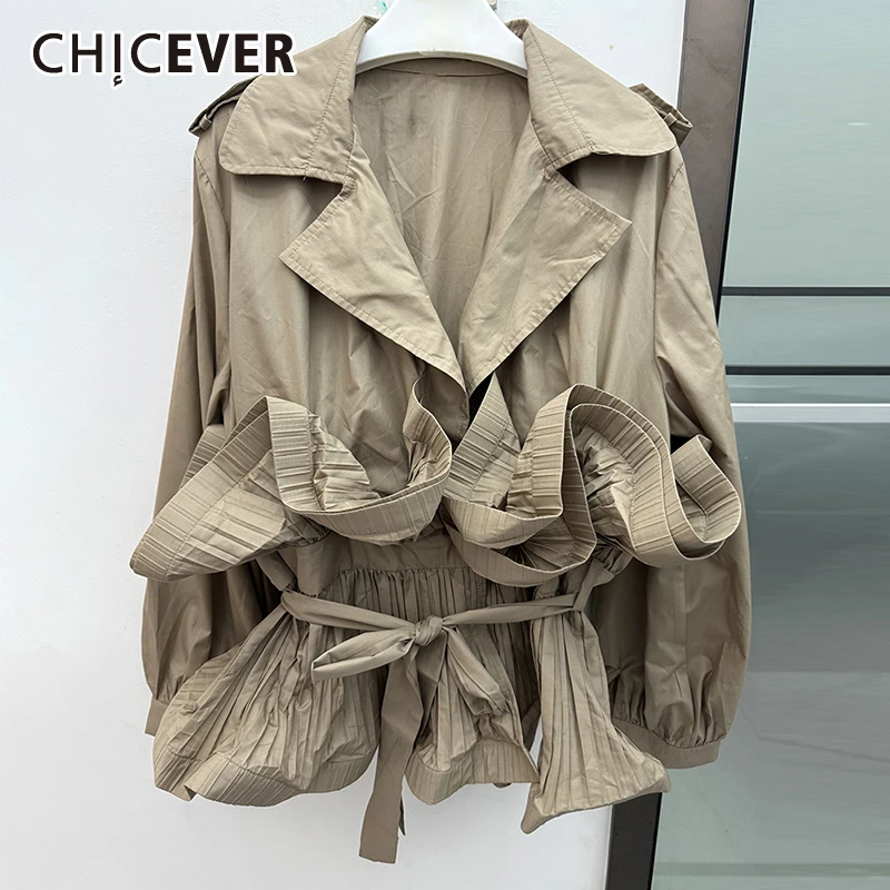 

CHICEVER High Street Patchwork Lace Up Blouse For Women Lapel Long Slleve High Waist Spliced Ruffles Folds Solid Blouses Female