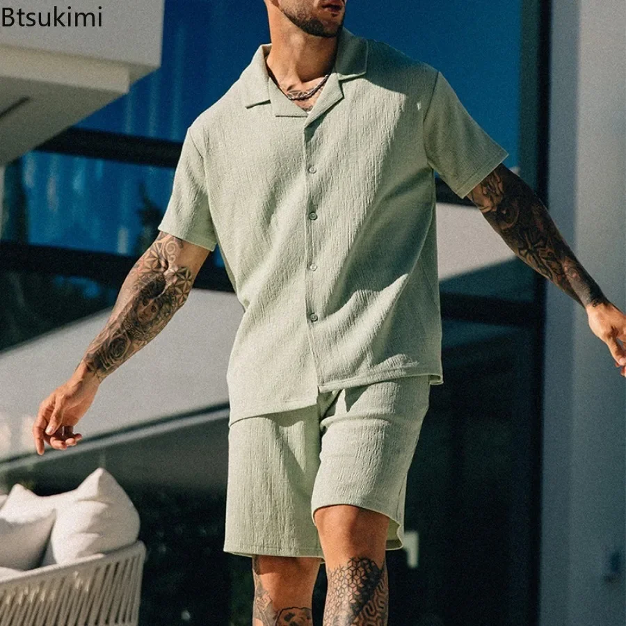 Vintage Short Sleeve Shirt Two Piece Sets Men's Summer Solid Loose Lapel Shirt and Shorts Casual Suits Beach Style Men Clothing