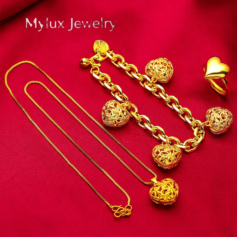 Mylux Jewelry Hollow love bracelet necklace ring set for women 24K gold, AU999 dating gift romantic tools exclusive