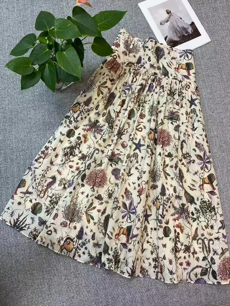 

Ele Pure Cotton High Waist A-Line Skirt for Women with Floral Print Commute Sle Pric Loose Fit mid Length