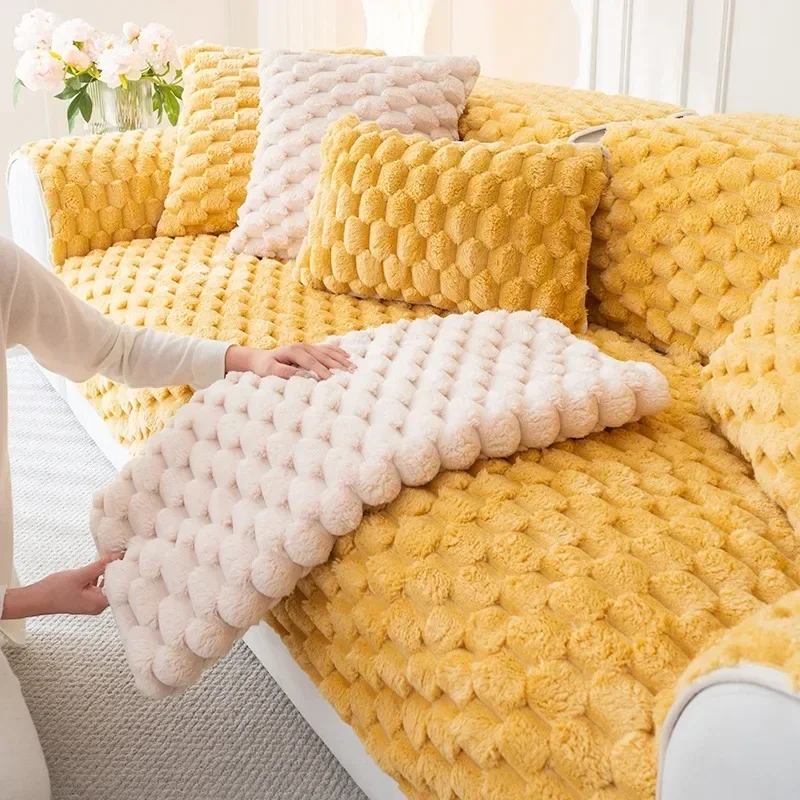 

Solid Color Plush Thicken Sofa Towel Winter Honeycomb Shape L Corner Universal Sofa Cover Non-slip Couch Cushion Mat Living Room