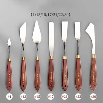 סט סכיני ציור בשמן עם ידית עץ, ספטולה מפלדת אל-חלד, ציוד אמנותי לסטציונריה, סכין לצביעת קרם ופיגמנט