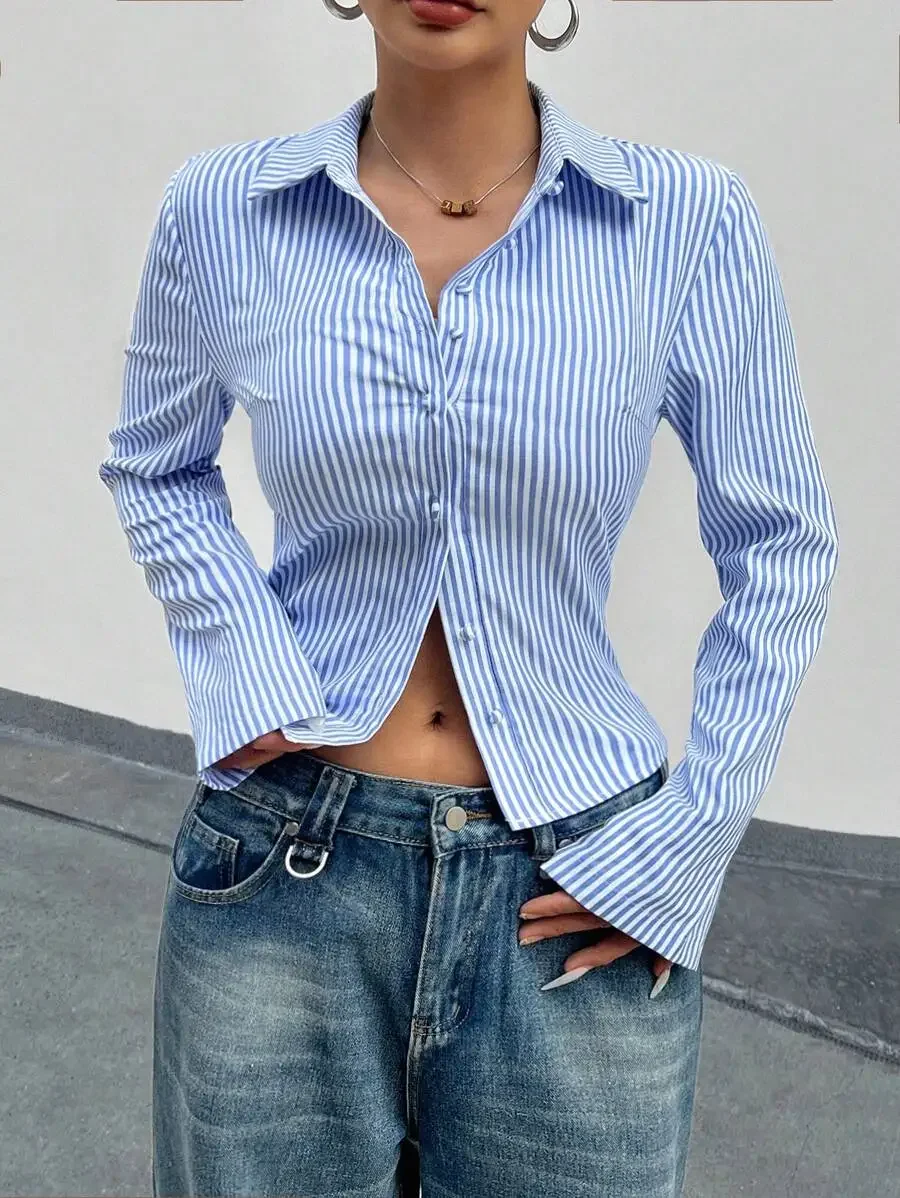 

Blue And White Striped Long Sleeve Slim Fit Button Up Blouse For Women Office Casual Wear