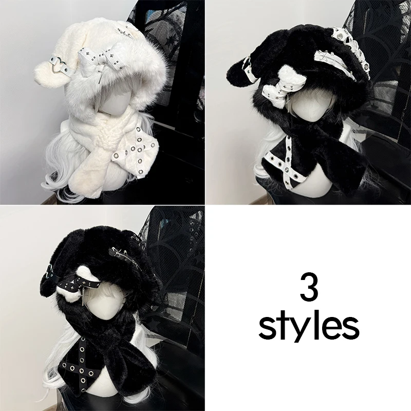 

Cartoon Bunny Ear Hat Y2k Subculture Hat Female Cross Bone Star Plush Warm Cute Bone Ears Knitted Hat Warm Scarf Beanie Hat