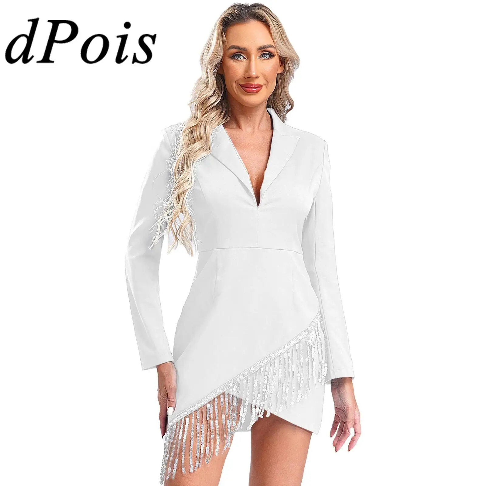 Womens Asymmetric Blazer Dress OL Lady Workwear Deep V Neck Long Sleeve Sequin Tassel Wrap Hem High Waist Commute Office Dress