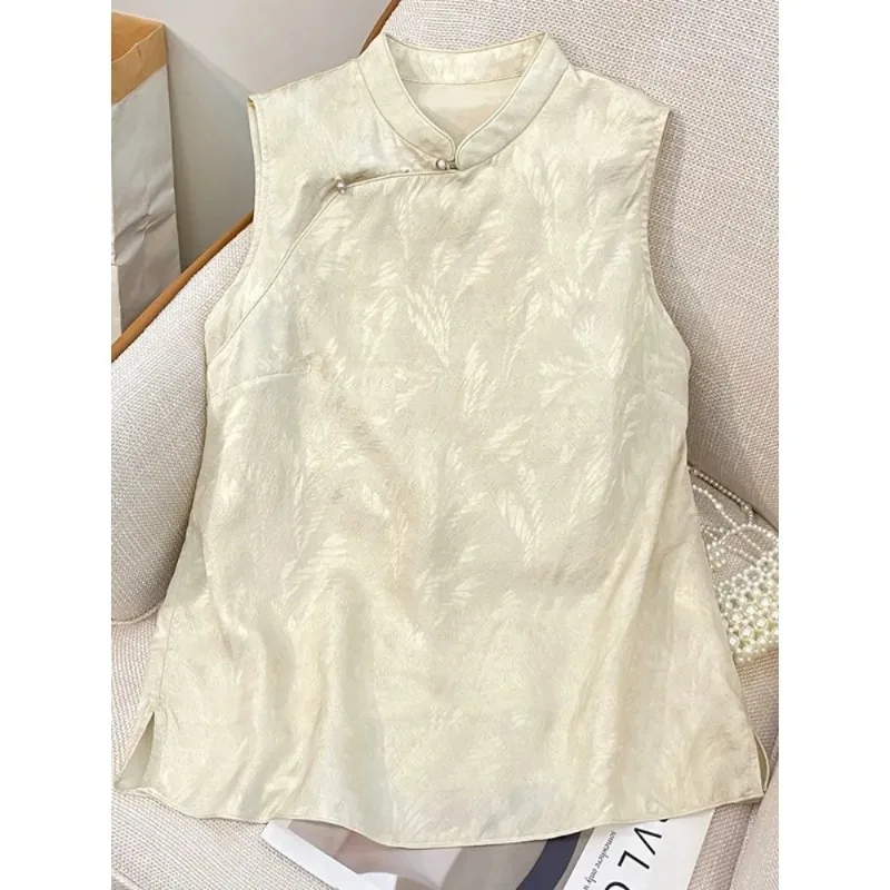 

Женская блузка в китайском стиле без рукавов, с жаккардовым узором, на пуговицах-лягушках, с воротником-стойкой