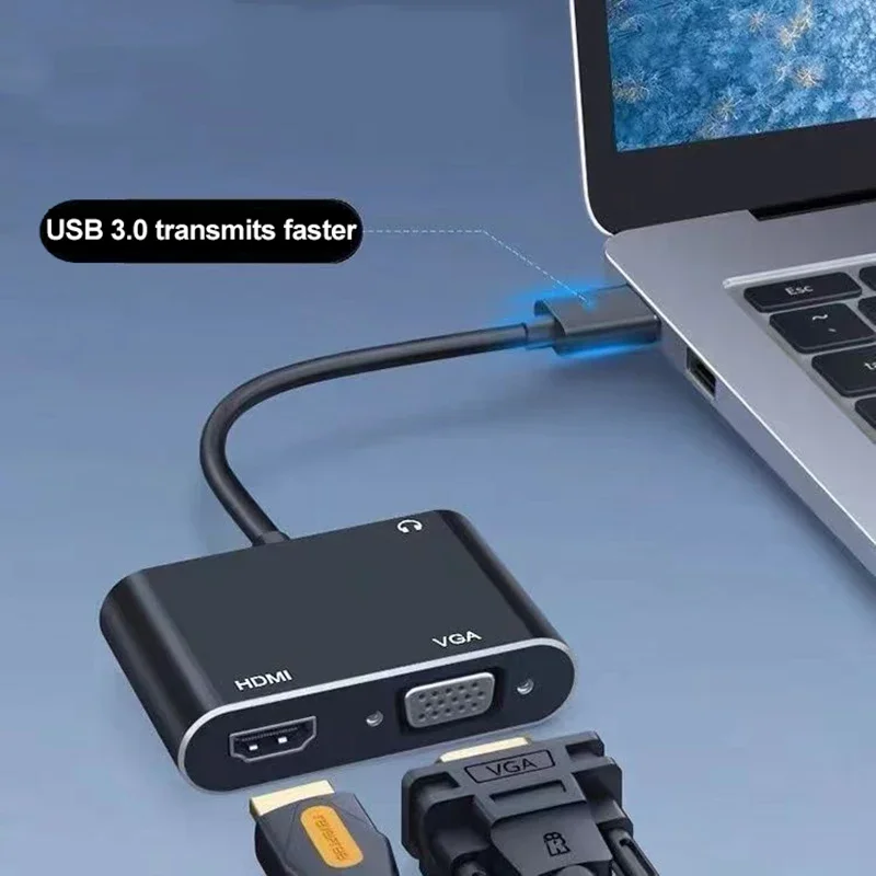 3 w 1 Konwerter USB 3.0 na HDMI VGA Audio Video Adapter 1080P 4K Podwójny ekran Wyświetlacz HDMI Kompatybilny z PC Laptop Projektor