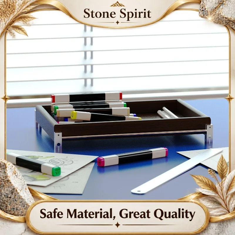 Large Capacity Wooden Stationery Storage Box with Stainless Steel Base, Multiple Compartments Desk Organizer for Office Supplies