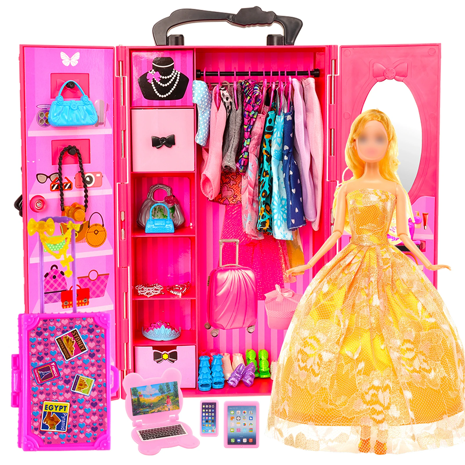 Barwa Girl Pink Wardrobe 93 Piece Set (with Doll) -1 Rose Red Wardrobe+1 Luggage+14 Clothes+75 Other Accessories Birthday gift