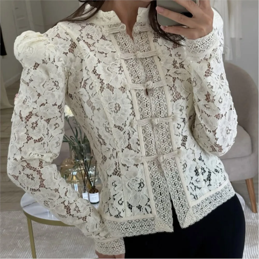 

Lace Crochet Stand Collar Slim Fit Shirt Women Summer New Women's Fashion Casual Long Sleeve Top Blusas De Mujer Ropa Mujer