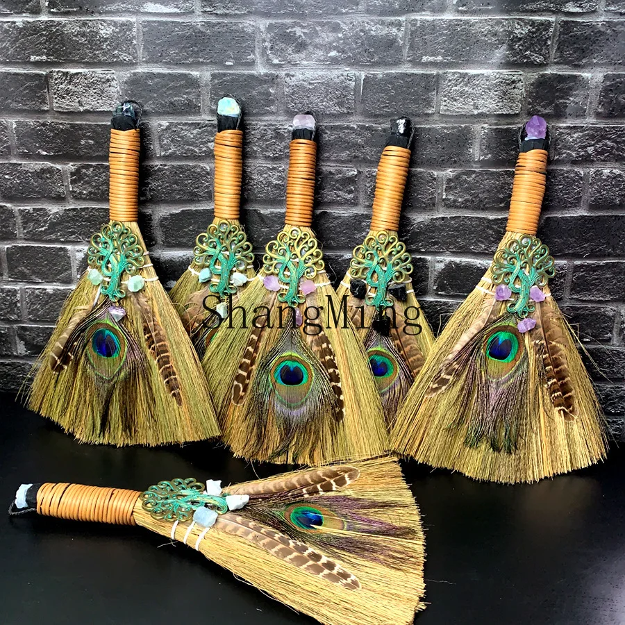 

PYH Chinese ancestor worship traditional broom natural amethyst tree of life peacock feather altar ornament