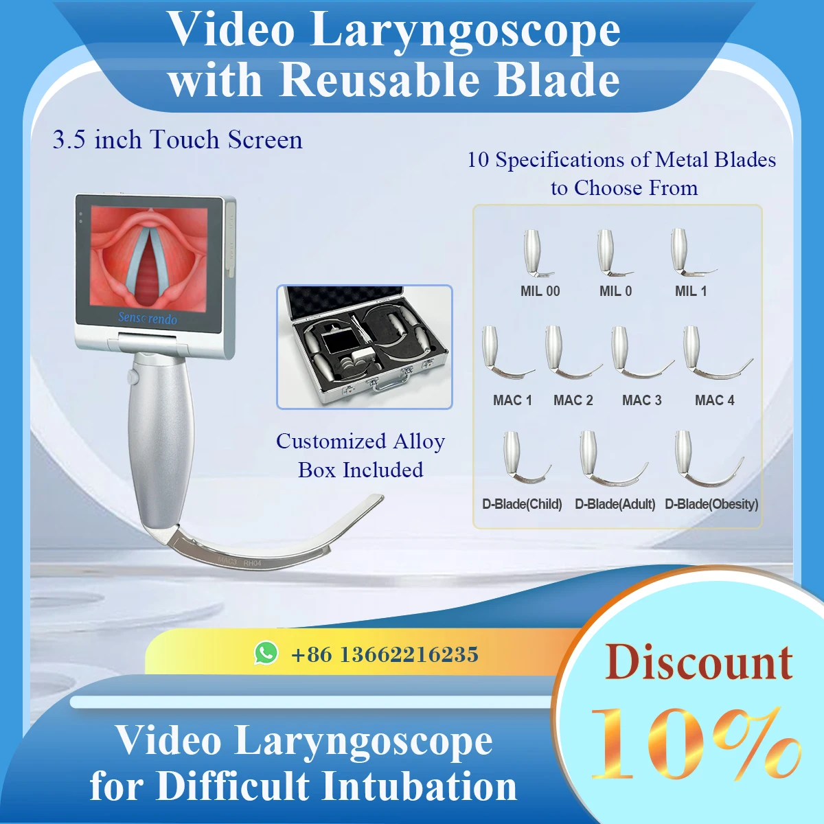 

Sensorendo Touchscreen Video Laryngoscope with Reusable Blades (MIL0/MIL1/MAC1/MAC2/MAC3/MAC4/D-Blade) for Anesthesia Intubation