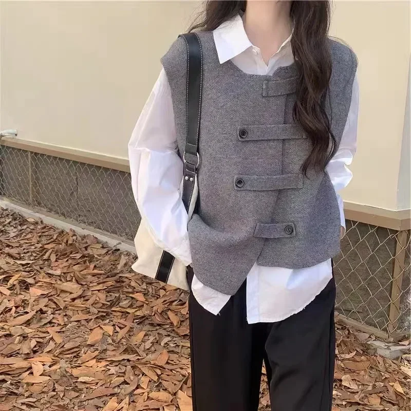 

New 2025 Chic Korean Fashion Elegant Irregular Waistcoat Knitted Vintage Women Autumn Winter Sweaters Vests
