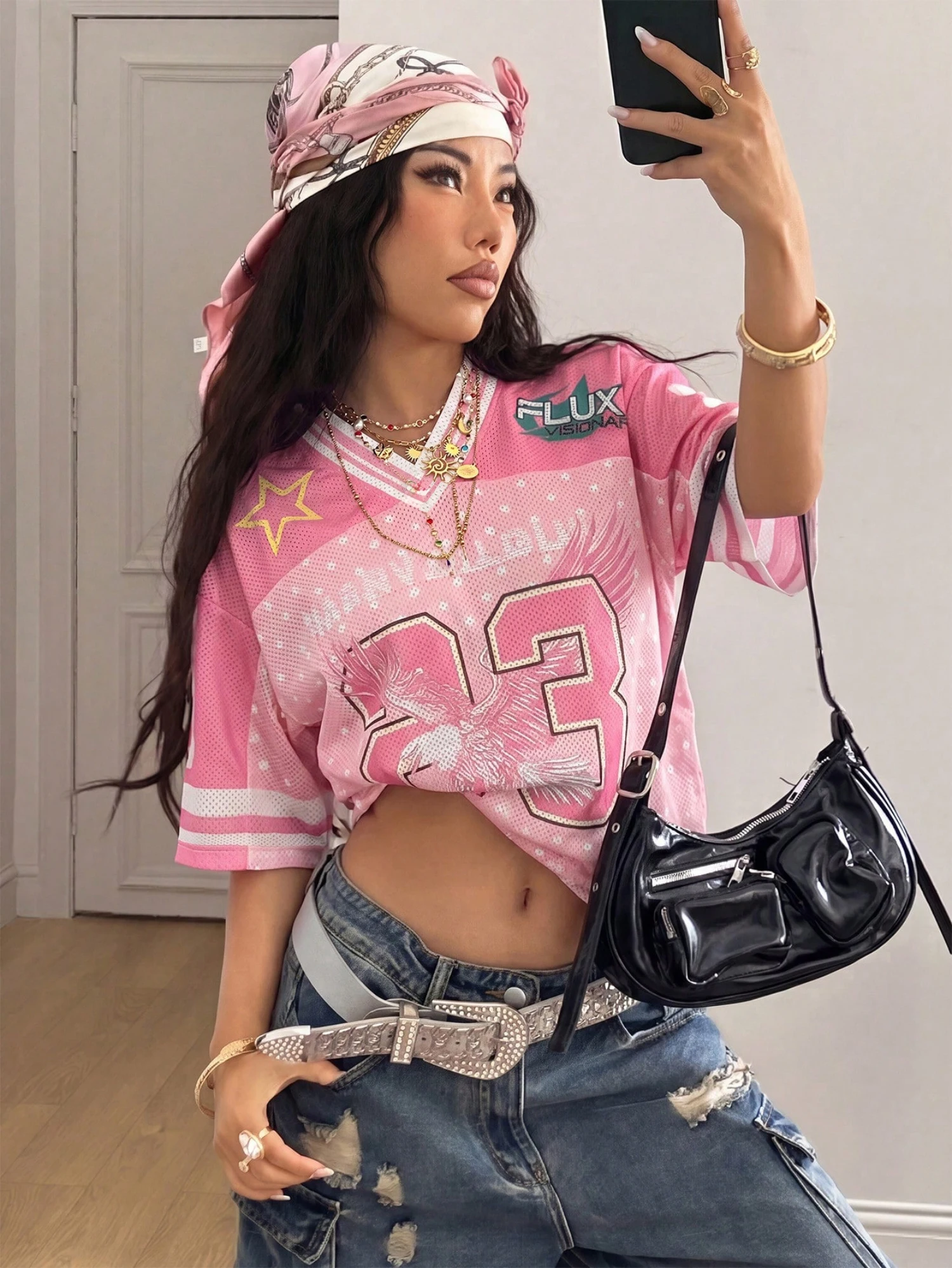 Damen Sommer-T-Shirt mit rosa Zahlen-Print, lässig, atmungsaktives Mesh-Gewebe, V-Ausschnitt, Sport-Jersey, Y2K Hip-Hop Vintage Mode Streetwear – Detail 2