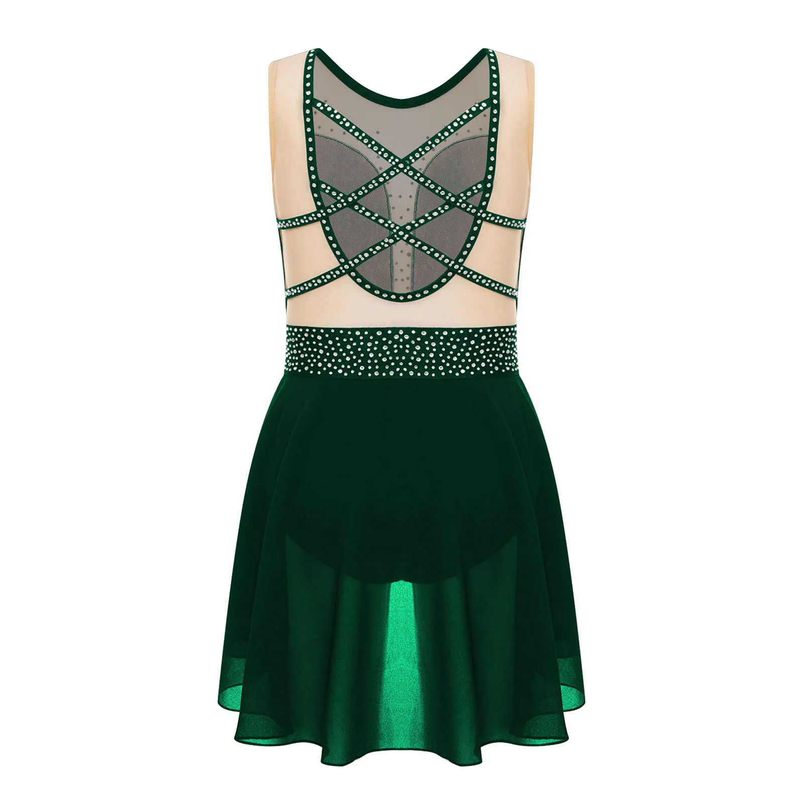 Kids Girls Lyrical Dance Performance Costume Sleeveless Rhinestone Leotard Dress Ballet Tutu Gymnastic Figure Skating Dancewear